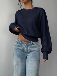 SHEIN BASICS 女款素色圓領長袖休閒基礎款寬鬆針織衫 淡黃色 秋冬日常早午餐校園穿搭 - 藏蓝色 - 查看 3