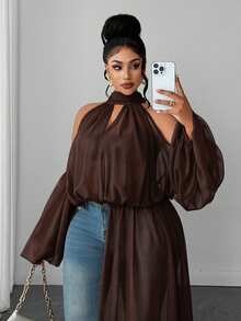 Maweii Plus Size Sexy Cold Shoulder Design Asymmetrical Hemline Blouse - Brown - View 2