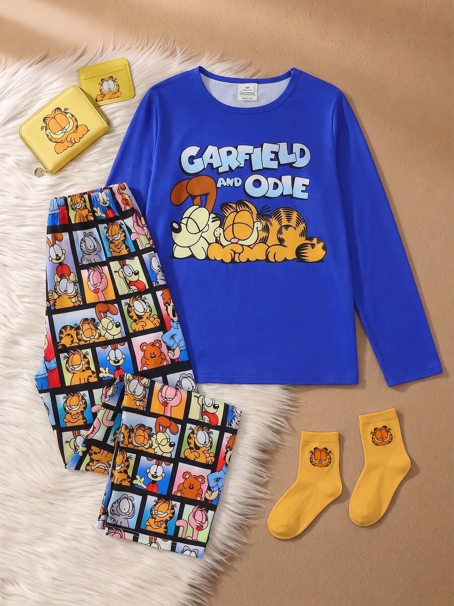 GARFIELD | SHEIN 大童男孩圓領字母卡通圖案長袖上衣與長褲休閒日常居家睡衣套裝 - 藍色 - 查看 1