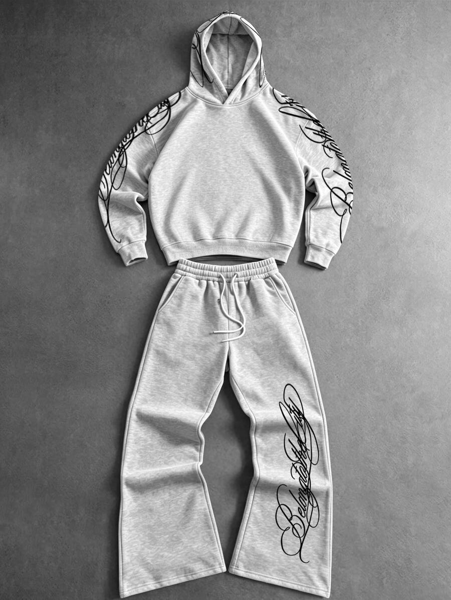 Manfinity EMRG American Style Calligraphy "Belong To The City" Streetwear Sweatshirt Set, Cropped Hoodie And Flared Sweatpants 2 Pieces Set - Multicolor - View 1