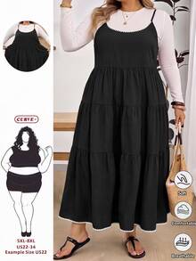 SHEIN CURVE+ 大尺碼女款休閒度假風印花前綁帶露肩層次下擺洋裝，粉色格紋 - 黑色 - 查看 1