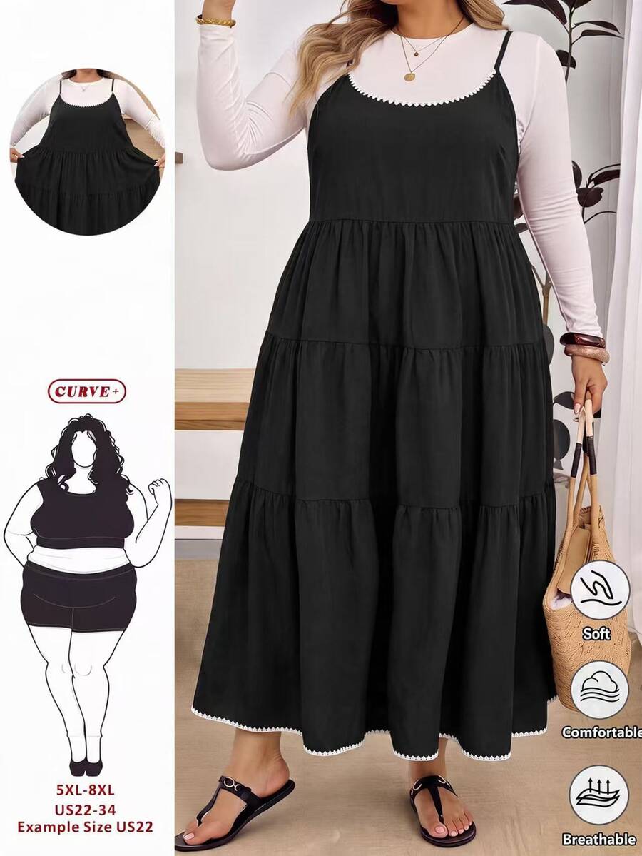 SHEIN CURVE+ 大尺碼女款休閒度假風印花前綁帶露肩層次下擺洋裝,粉色格紋 - 黑色 - 查看 1