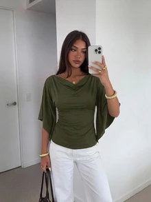 Siren Gaze 女款優雅秋季垂領短袖T恤，修身抓皺肩部上衣，適合早午餐、商務休閒辦公穿著襯衫 - 軍綠色 - 查看 1