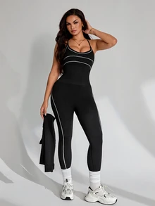 Slayform Slayform Women's Colorblock Hollow Out Casual Daily Travel Sports Jumpsuit - Black - View 3