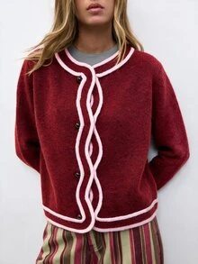 Nöista Women's Colorblock Casual Versatile Daily Wear Cardigan - Burgundy - View 3