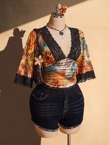 SHEIN ICON 大尺碼 Y2K 復古性感豹紋 V 領蕾絲拼接喇叭袖上衣 - 彩色 - 查看 6