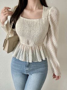 FRIFUL Women's Polka Dot Pleated Casual Versatile Everyday Outing Blouse - White - View 6