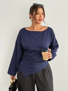 Firerie Kemeja Pullover Lengan Panjang Bergaris Biru & Putih Ukuran Plus dengan Lipatan Pinggang Leher Perahu untuk Musim Gugur/Dingin/Pakaian Kerja - Blue and White - View 7