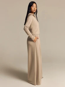 COSMINA Hooded Zip-Up Long Sleeve Sweatshirt And Wide Leg Pants Set, Casual Autumn/Winter - Khaki - View 6