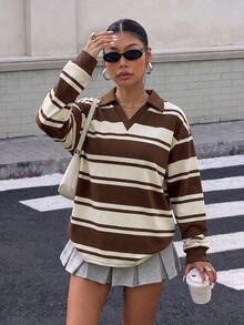 Muchica 女款 Polo 領長袖寬鬆運動衫，黃色與棕色條紋返校大學風，休閒極簡運動街頭風百搭派對聚會機場穿搭 Y2K 上衣，女款秋季服飾，秋季穿搭，女款通勤穿搭，百搭上衣，外出穿搭，機場穿搭 - 彩色 - 查看 6