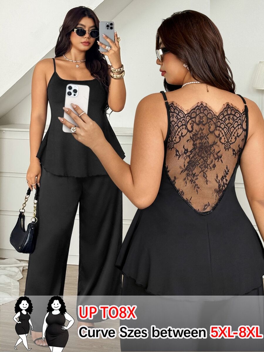 SHEIN CURVE+ Plus Size Knitted Round Neck Cinched Waist Ruffle Hem Sexy Lace French Style Commuter Versatile Camisole - Black - View 1