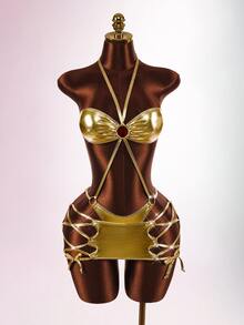 Amplova Women's Gold 2 Pieces Swimsuit Set With Tassel Mini Skirt, One-Piece Cutout Backless Sexy Metallic Swimwear - Gold - View 4