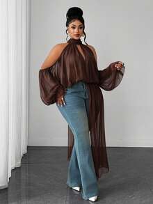 Maweii Plus Size Sexy Cold Shoulder Design Asymmetrical Hemline Blouse - Brown - View 5