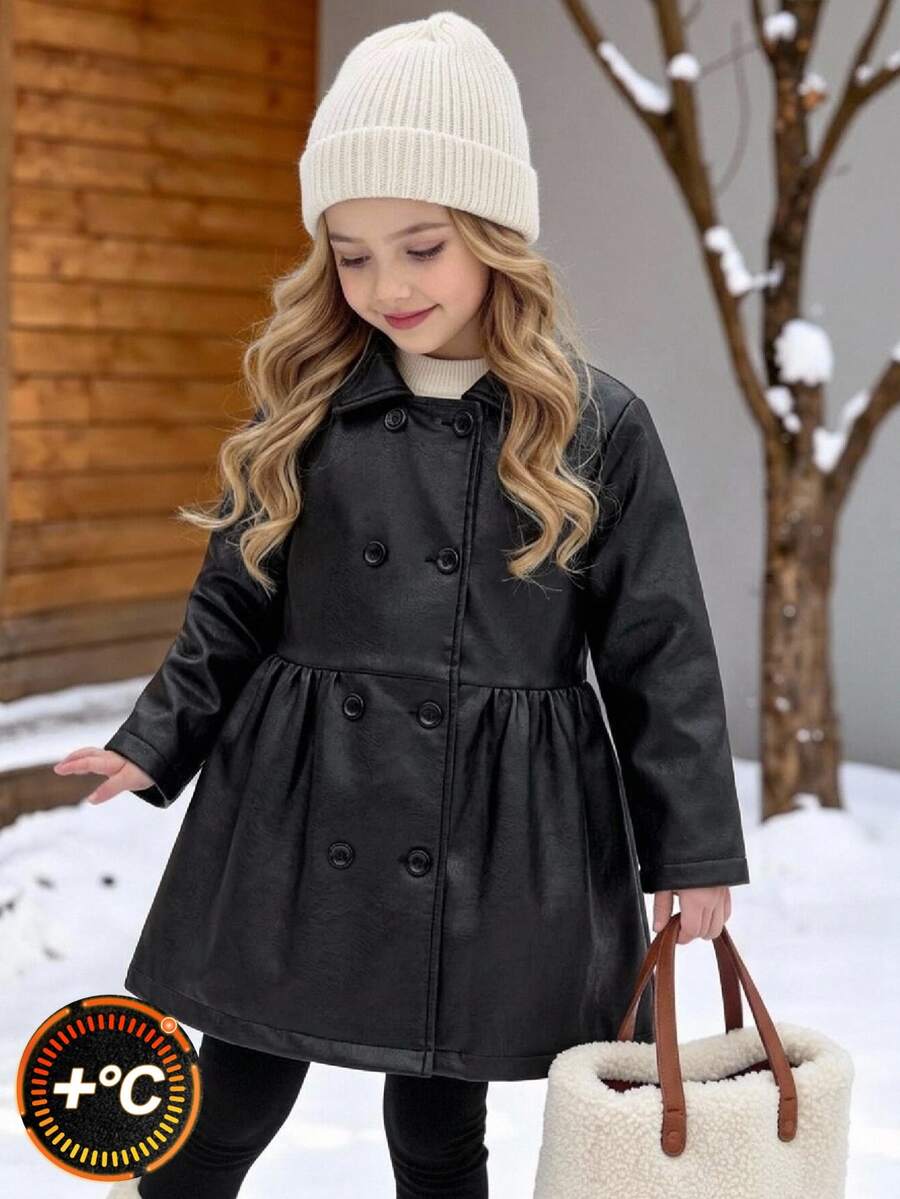 Souflis Young Girl Solid Color Single-Breasted Fleece Casual Jacket Winter - Black - View 1