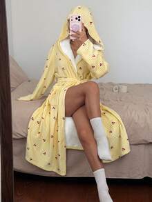 Softscene 女款冬季毛絨粉色格紋櫻桃印花連帽睡袍 - 黃色 - 查看 7