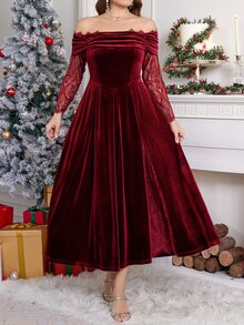 SHEIN Clasi فستان أنيق من المخمل والدانتيل بتصميم رقعات مكشوف الكتفين مقاس كبير - عنابي اللون - مشاهدة 4