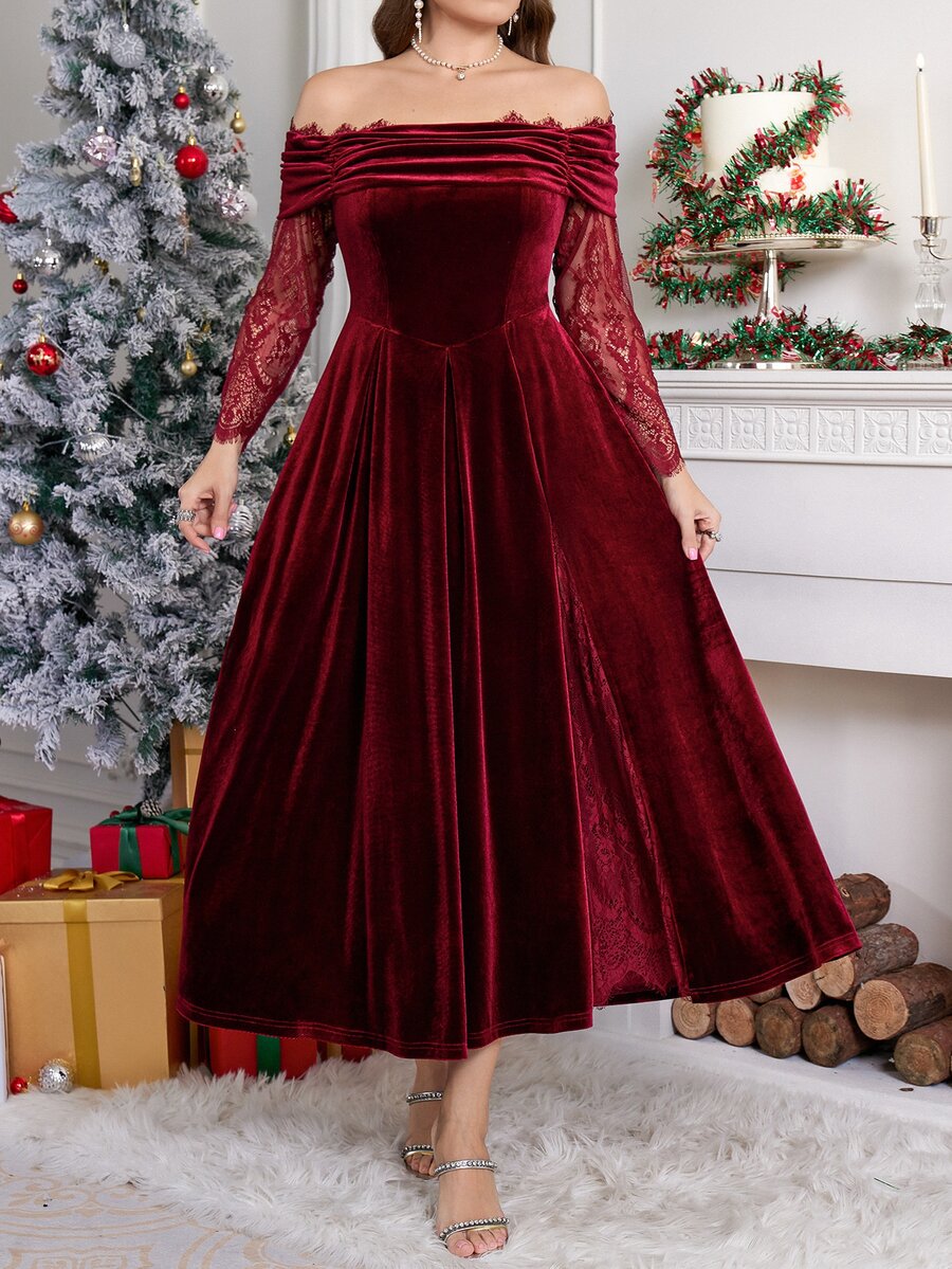 SHEIN Clasi 大尺碼優雅天鵝絨蕾絲拼接露肩洋裝 - 酒紅色 - 查看 1