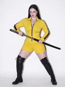 SHEIN ICON Plus Size Women's Zipper Front Long Sleeve Y2K Yellow & Black Contrast Color Romper, Halloween - Yellow - View 1