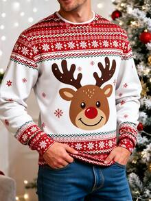 Sorvial Standard Size Men's Fitted Regular Shoulder Crew Neck Pullover Sweatshirt With Thermal Lining, Christmas Sweatshirt - White - View 1