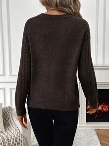 SHEIN 女款素色鏤空圓領長袖休閒套頭針織衫 - 咖啡棕 - 查看 2