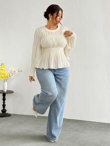 Firerie Plus Size Women's Solid Color Pleated Casual Daily Long Sleeve Shirt - Apricot - View 3
