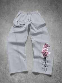 Manfinity EMRG Men's Letter & Floral Print Drawstring Waist Pocket Sweatpants - Grey - View 8