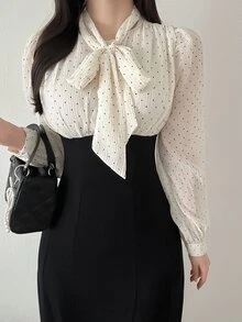 FRIFUL Women's Polka Dot Colorblock Casual Party Long Dress - Black - View 7