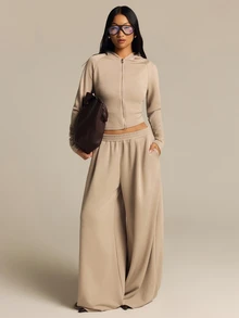 COSMINA Hooded Zip-Up Long Sleeve Sweatshirt And Wide Leg Pants Set, Casual Autumn/Winter - Khaki - View 1