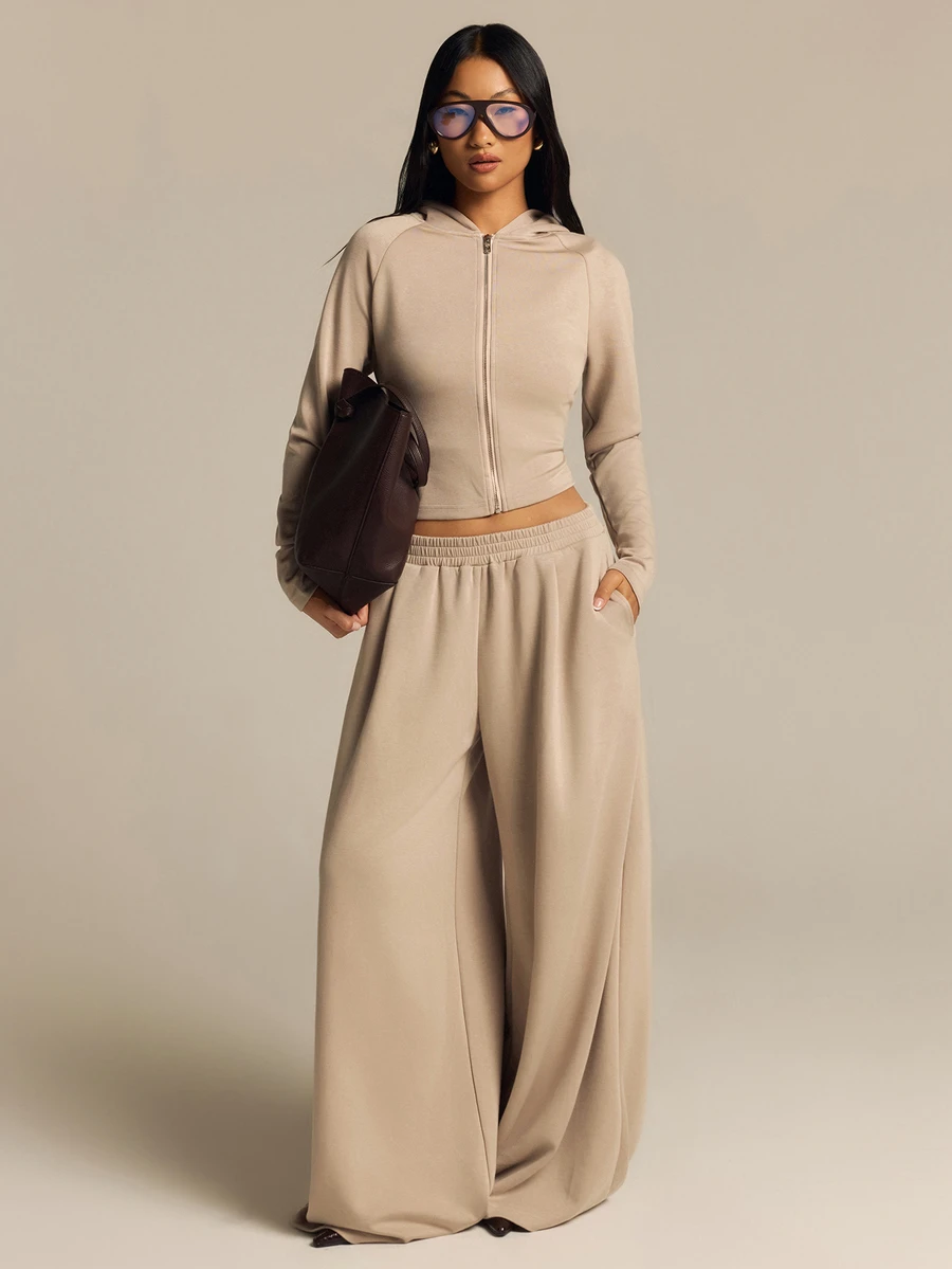 COSMINA Hooded Zip-Up Long Sleeve Sweatshirt And Wide Leg Pants Set, Casual Autumn/Winter - Khaki - View 1