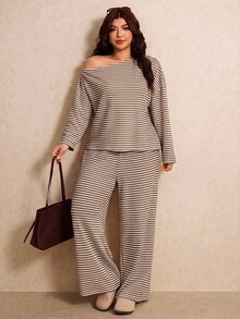 Elaquor 大尺碼女款條紋不對稱肩長袖T恤與長褲休閒兩件套 秋/冬休閒日常外出辦公工作套裝 - 棕色 - 查看 5