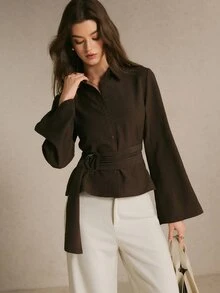 Poéselle Women's Solid Color Long Sleeve Single-Breasted Waist Buckle Design Elegant Blouse - Brown - View 6