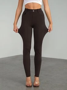 SHEIN Tall 女款純色高腰口袋修身休閒長褲 - 棕色 - 查看 6