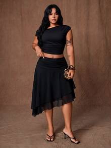 Rustia Plus Size Polka Dot Asymmetrical Hem A-Line Elegant Romantic Skirt - Black - View 3