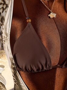 Amplova Women's 3 Pieces Solid Color Bikini Set Ruffled Bell Sleeve Cover-Up, Vintage Sexy Avant-Garde, Cute Mini Swimwear Hot Springs Beach Brown Summer - Brown - View 10