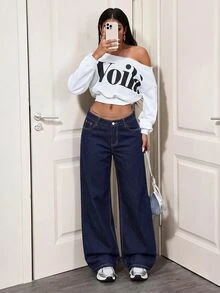 SHEIN Tall 女款低腰鈕扣口袋直筒牛仔褲 - 深色水洗藍 - 查看 3