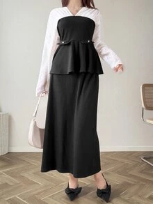 FRIFUL Setelan 2 Potong Atasan Wanita Motif Polkadot French Colorblock dan Rok Panjang Warna Polos - Hitam - View 4