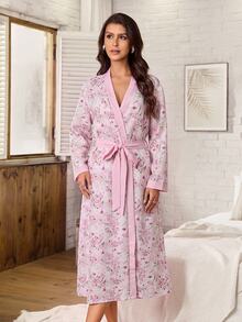 Serenescape Vacation Style V-Neck Ink Wash Pink Floral Contrast Color Loose Long Sleeve Women's Robe - Multicolor - View 5