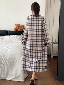 Napfluff 女款粉色格紋印花長袖睡裙，前口袋蝴蝶結設計，蕾絲拼接家居睡衣，舒適居家睡衣 - 杏色 - 查看 2