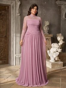 Serin Elegant Luxurious Stretch Lace Patchwork Decor With 3D Pleats, Floor-Length A-Line Formal Evening Gown For Vacation, Party, Birthday, Gala And Formal Occasions (Intricate Design) - Pink - View 7