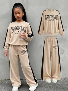SHEIN Tween Girl Long Sleeve Kids Crew Neck Striped & Letter Print Sweatshirt And Sweatpants 2 Pieces Set - Apricot - View 1