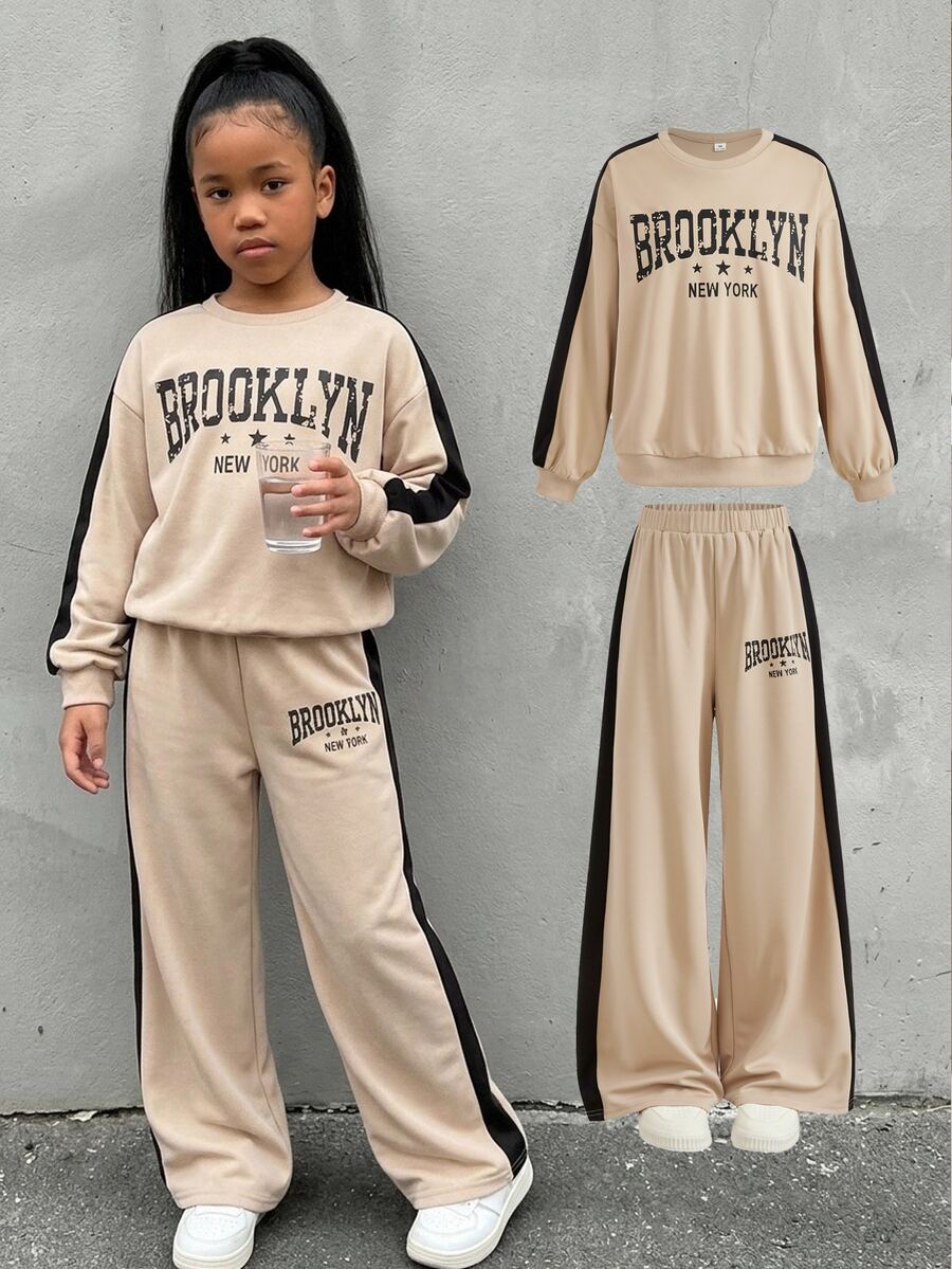 SHEIN Tween Girl Long Sleeve Kids Crew Neck Striped & Letter Print Sweatshirt And Sweatpants 2 Pieces Set - Apricot - View 1