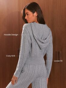 GLOWMODE Soft Girl Collection Off-Duty Cable Knit Hoodie Sweater With Relaxed Fit Daily Casual Fall Winter Wear - Grey - View 2