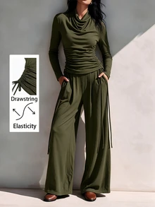 SHEIN Women's Spring/Autumn Minimalist Lazy Solid Color Cowl Neck Long Sleeve Fitted Drawstring Top With Matching Knit Long Cardigan 2 Pieces Set, Suitable For Daily Wear, Lazy Minimalist - Green - View 6
