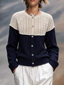 Penseblé Women's European & American French Style Hollow-Out Ruffle Collar Colorblock Knit Cardigan, Gentle Elegant Lace Round Neck Sweater Jacket Top - Blue - View 4
