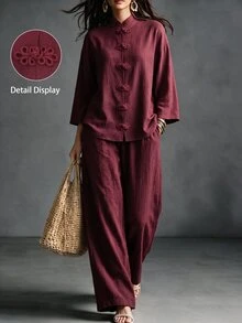 Linhara CURVE Plus Size Women's Burgundy Chinese Style Modified National Style Outfit, Loose Drop Shoulder Frog Button Top And Flowy Wide Leg Pants Commuter Set - Burgundy - View 3
