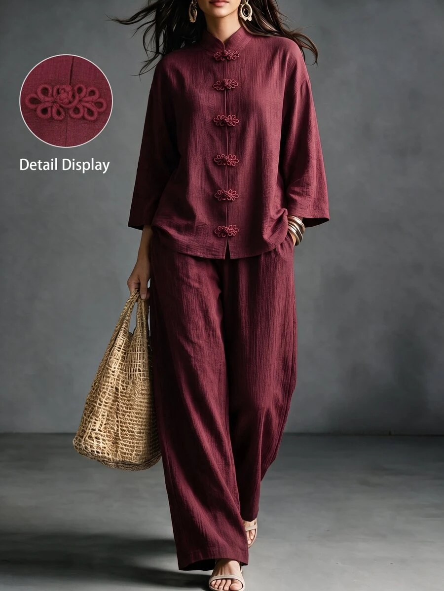 Linhara CURVE Plus Size Women's Burgundy Chinese Style Modified National Style Outfit, Loose Drop Shoulder Frog Button Top And Flowy Wide Leg Pants Commuter Set - Burgundy - View 1