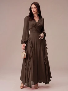 BELROSIE Lantern Sleeve Ruffle Trim Maxi Dress - Coffee - View 6