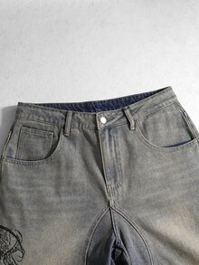 ROMWE MEN Street Life Men's Wide Leg Jeans With Pocket, Letter Pattern, Gradient Color And Distressed Wash - Blue - View 6