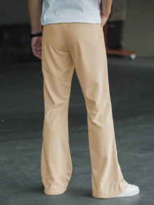 Manfinity Homme 男士休閒純色低腰側口袋喇叭褲管燈芯絨長褲，秋季 - 卡其色 - 查看 2