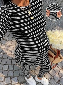 SHEIN 孕婦圓領長袖黑白條紋開衩上衣與修身長褲2件套 - 黑色 - 查看 2